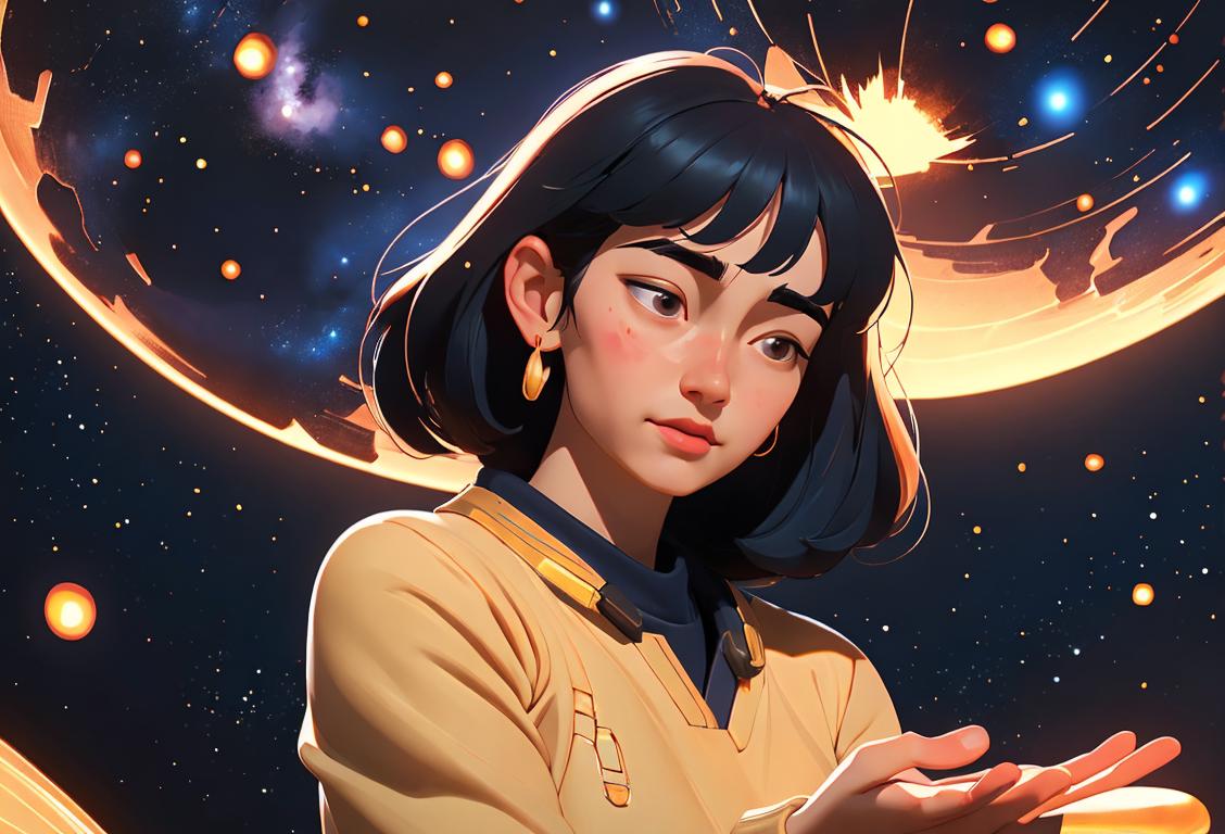 Young woman gently patting a beidou satellite on the head, wearing a cozy sweater, starry night sky background..