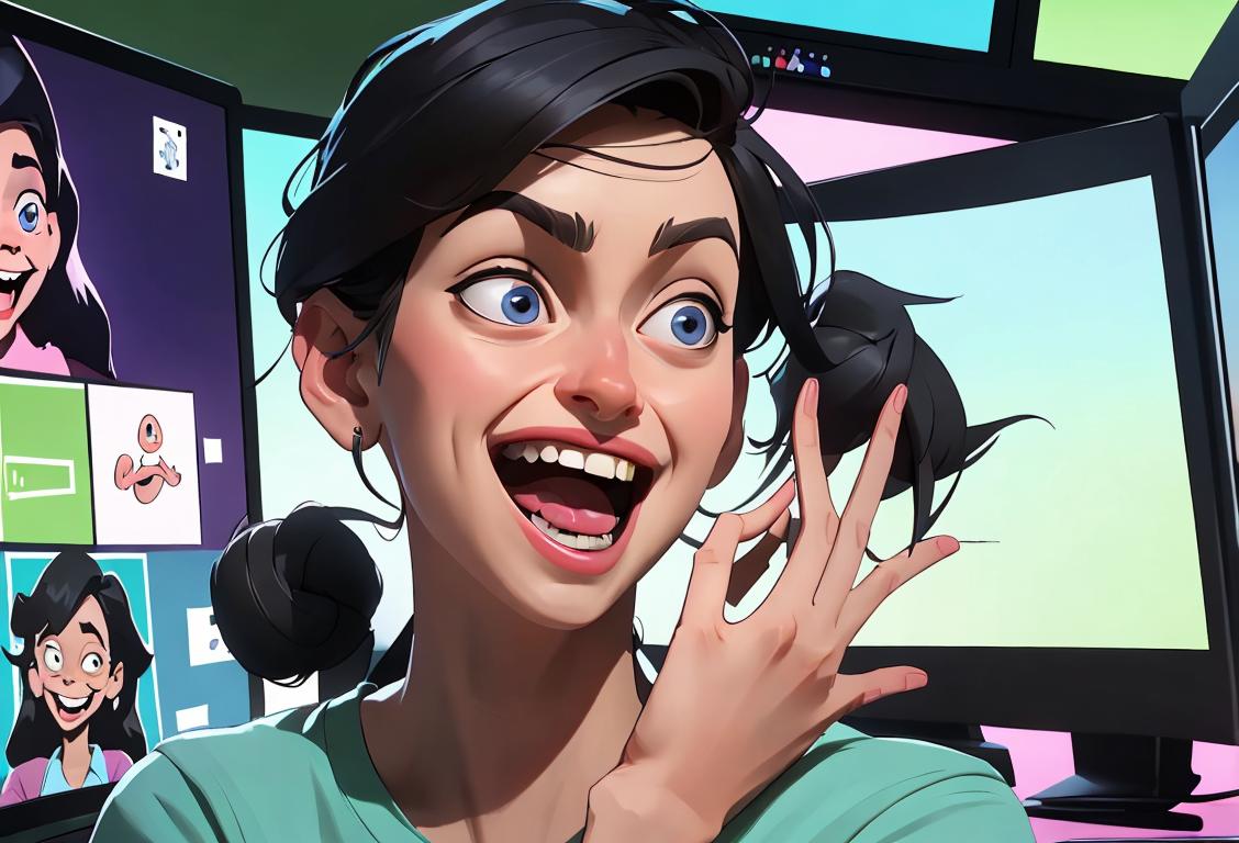 A person in casual clothing, surrounded by computer screens, laughing while typing a complex password, with a fun and energetic office setting..