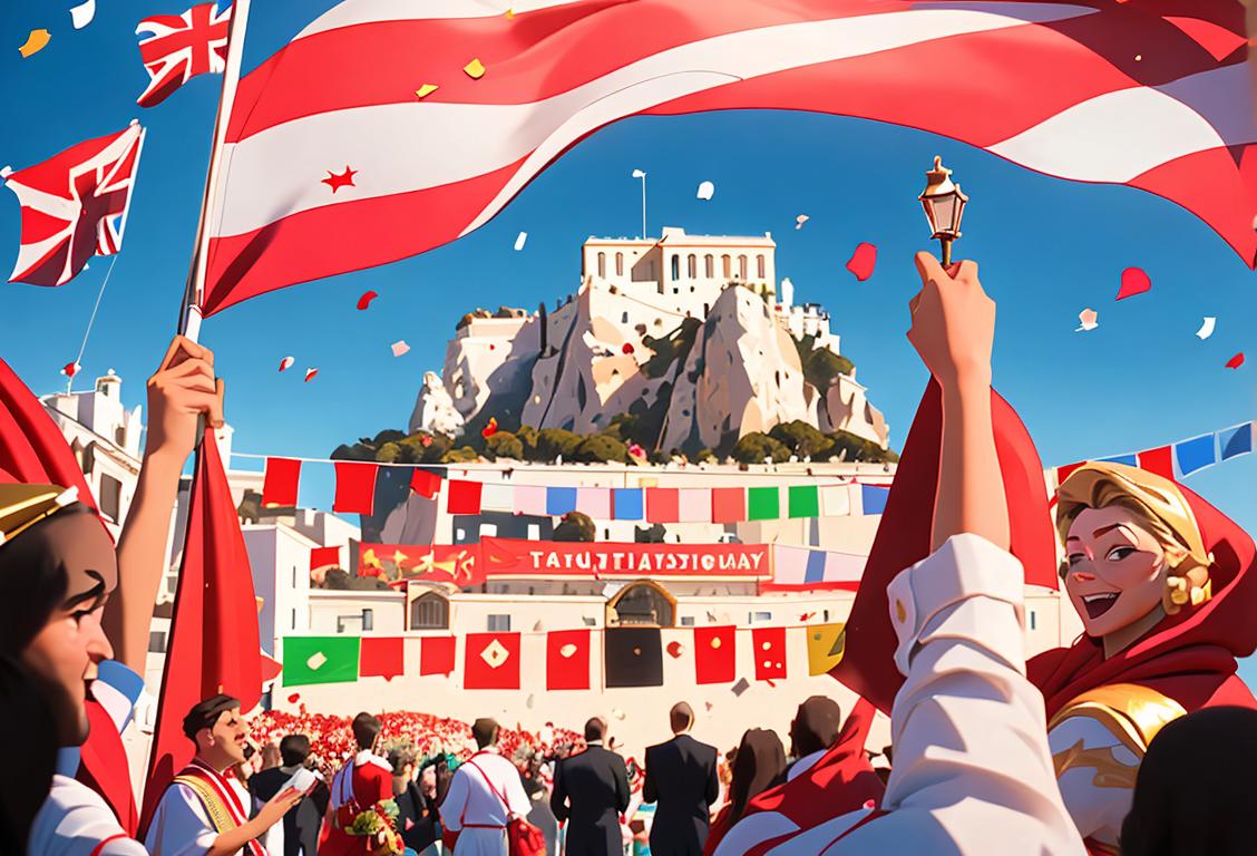 A group of people gathered around the rock of Gibraltar, wearing festive attire, with flags and confetti in the background, capturing the joyous spirit of National Gibraltar Day..