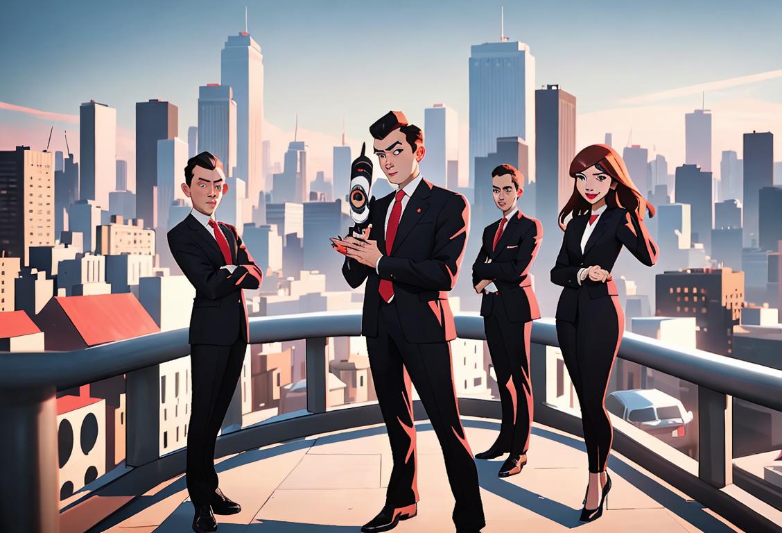 Happy PR professionals standing in front of a bustling city skyline, dressed in sleek suits, holding megaphones, news articles floating around them..