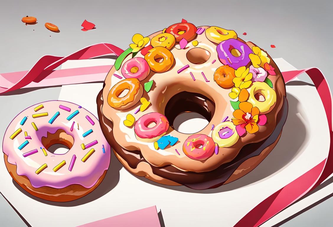 Brightly colored donut with a ribbon symbolizing gun violence awareness, surrounded by flowers and a peaceful park scene.