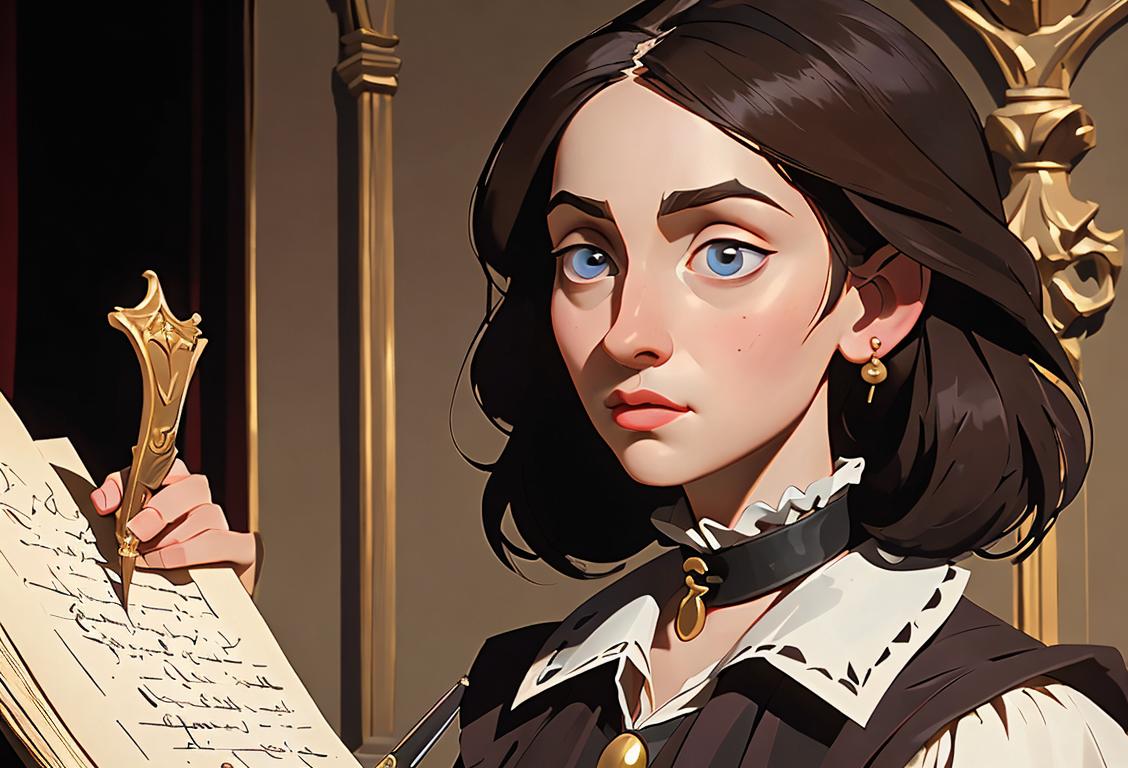 Headshot of a young woman with a quill pen behind her ear, wearing a ruffled collar, Renaissance fashion, in a theater setting..