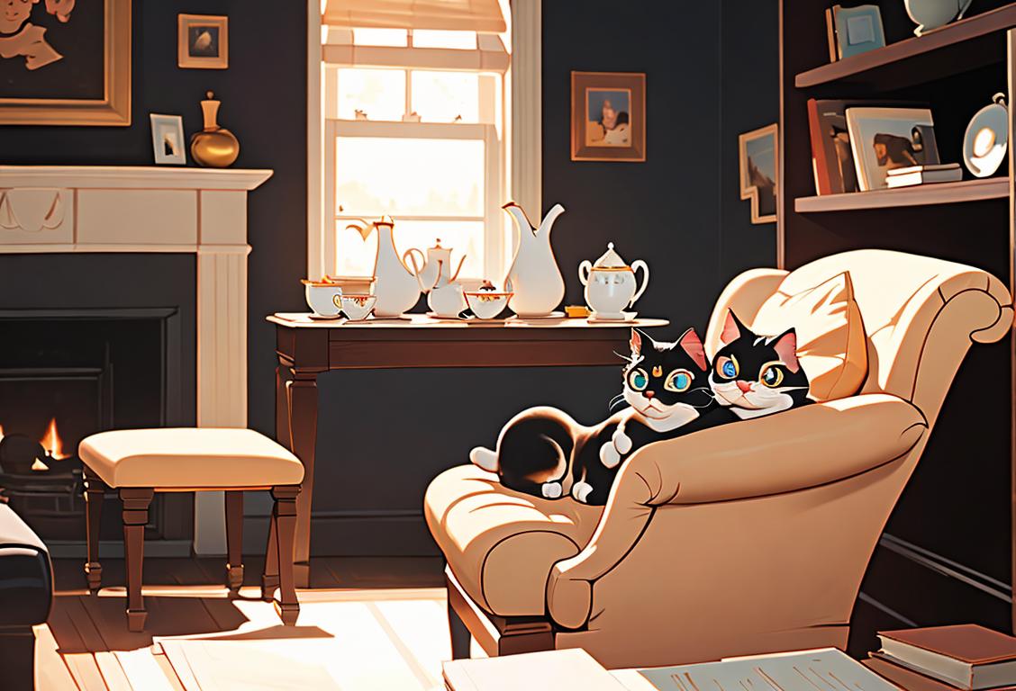 A cozy scene of a person sitting on a cushioned chair, holding a curious cat on their lap, surrounded by books and a warm mug of tea..