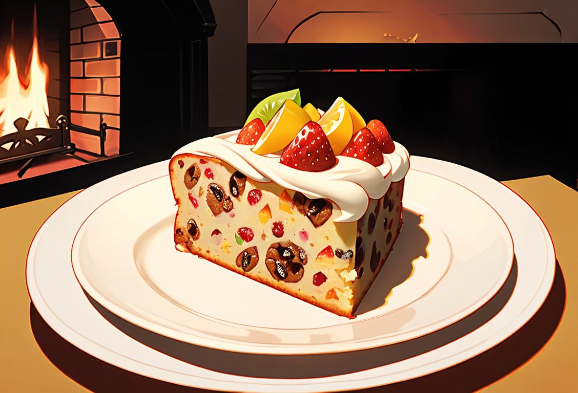 A slice of fruit cake on a plate, with a festive decoration, surrounded by cozy winter clothes and a fireplace in the background..