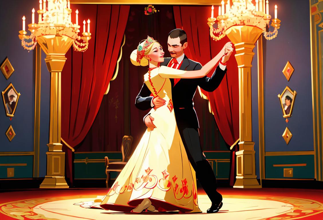 Celebrate National Dress at Reception on the Russian Day with a colorful image of people in traditional Russian attire, dancing in a stunning ballroom filled with elegant decorations..