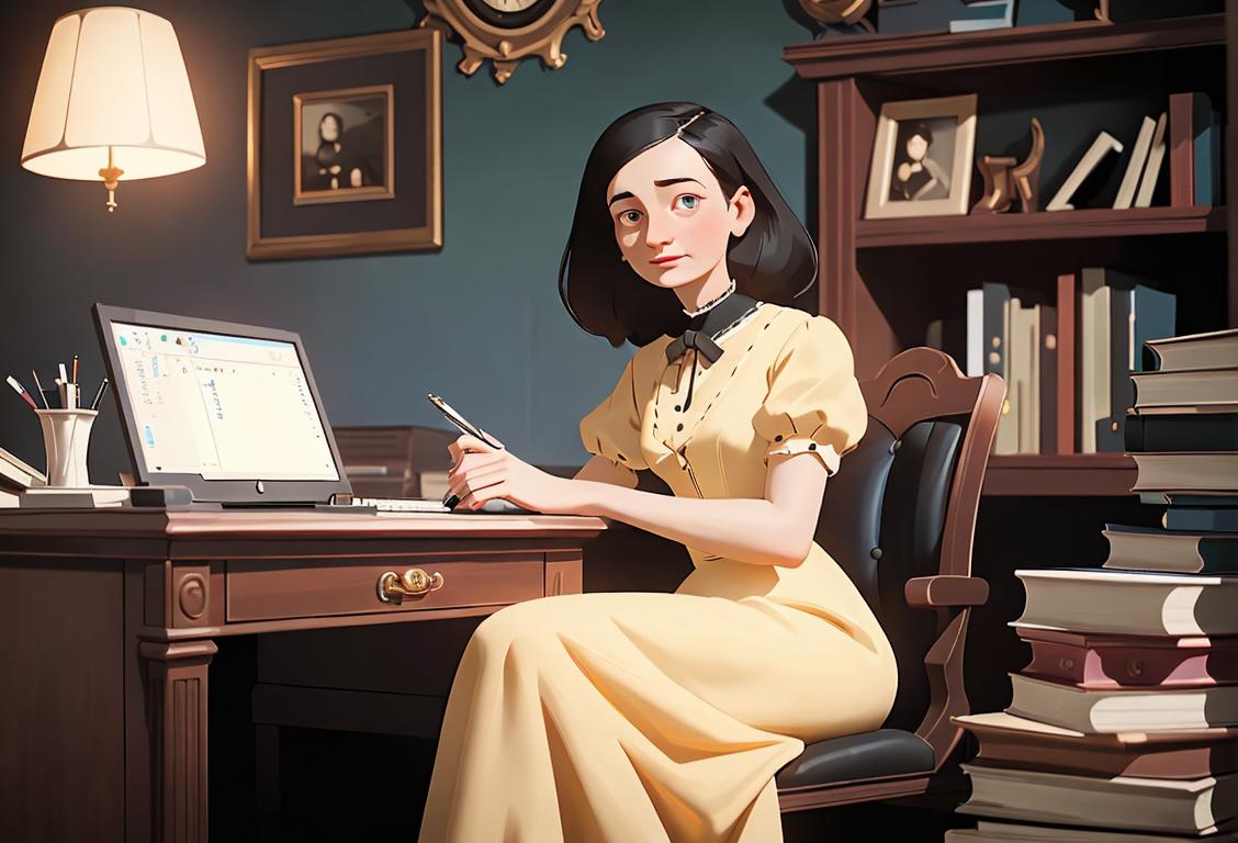 An image of a young woman sitting at a computer, wearing a vintage-style dress, surrounded by books and coding paraphernalia..