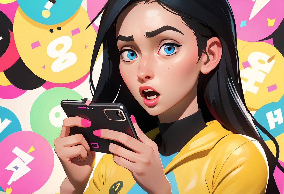 Young woman with shocked expression, holding smartphone, surrounded by exaggerated headlines, flashy icons, and colorful confetti..