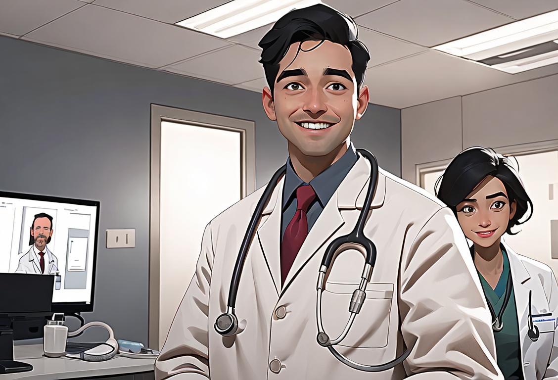 Hospitalist wearing a white coat and stethoscope, standing in a modern hospital setting, surrounded by diverse and smiling medical staff..