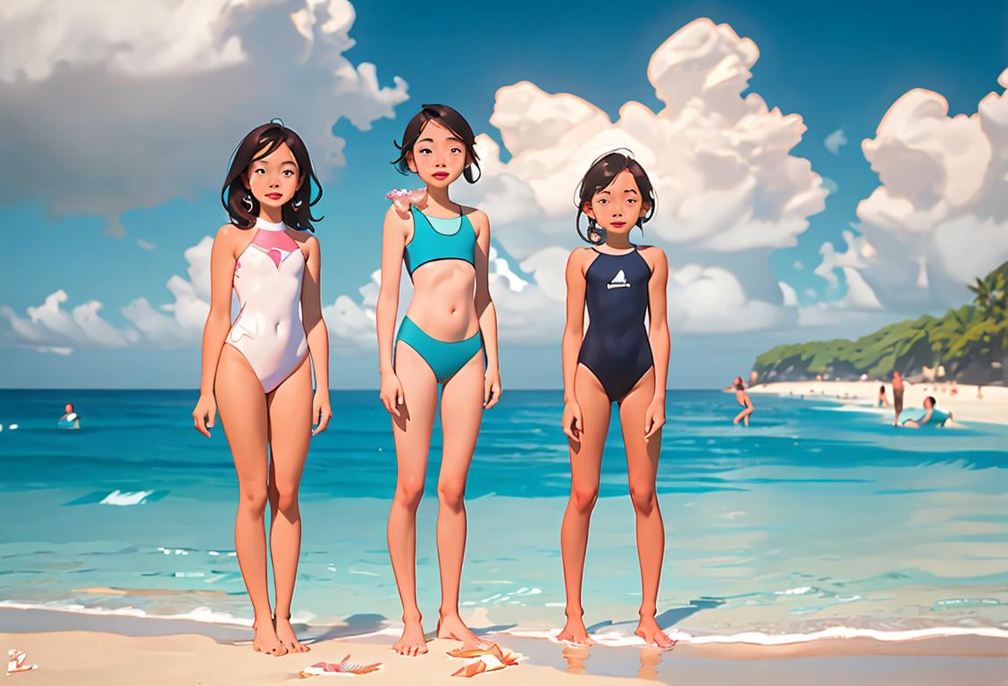 A group of diverse people in bathing suits and snorkeling gear, standing on a beautiful sandy beach with crystal blue ocean water in the background..