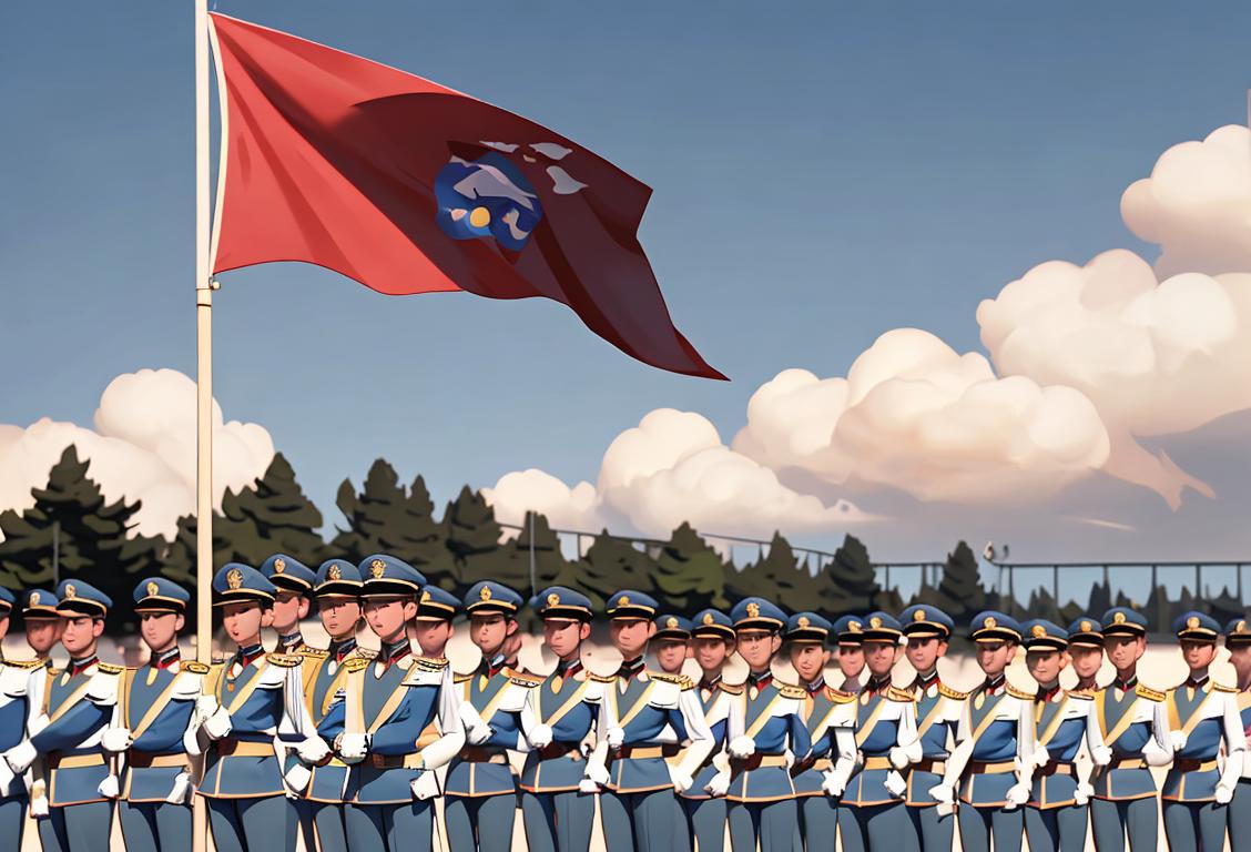 A group of energetic cadets in crisp uniforms, standing tall with pride and discipline, against a backdrop of a flag-raising ceremony..