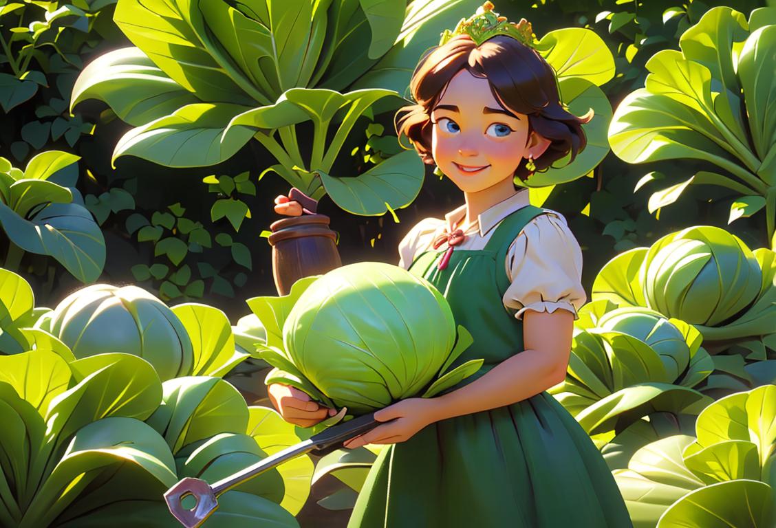 A cheerful young girl holding a giant cabbage with a crown on top, surrounded by vintage gardening tools and a lush vegetable garden..