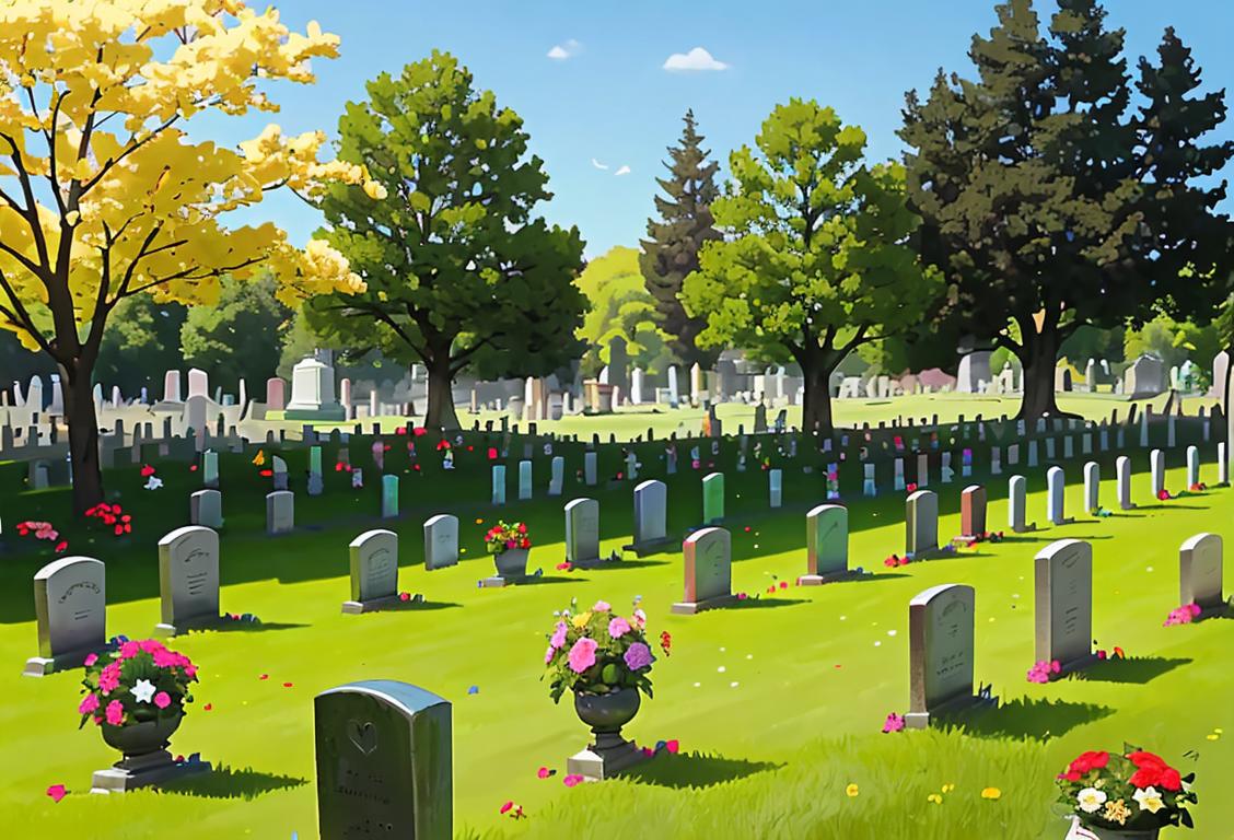 A group of diverse people solemnly placing flowers on gravestones, dressed in patriotic colors, in a peaceful cemetery setting..