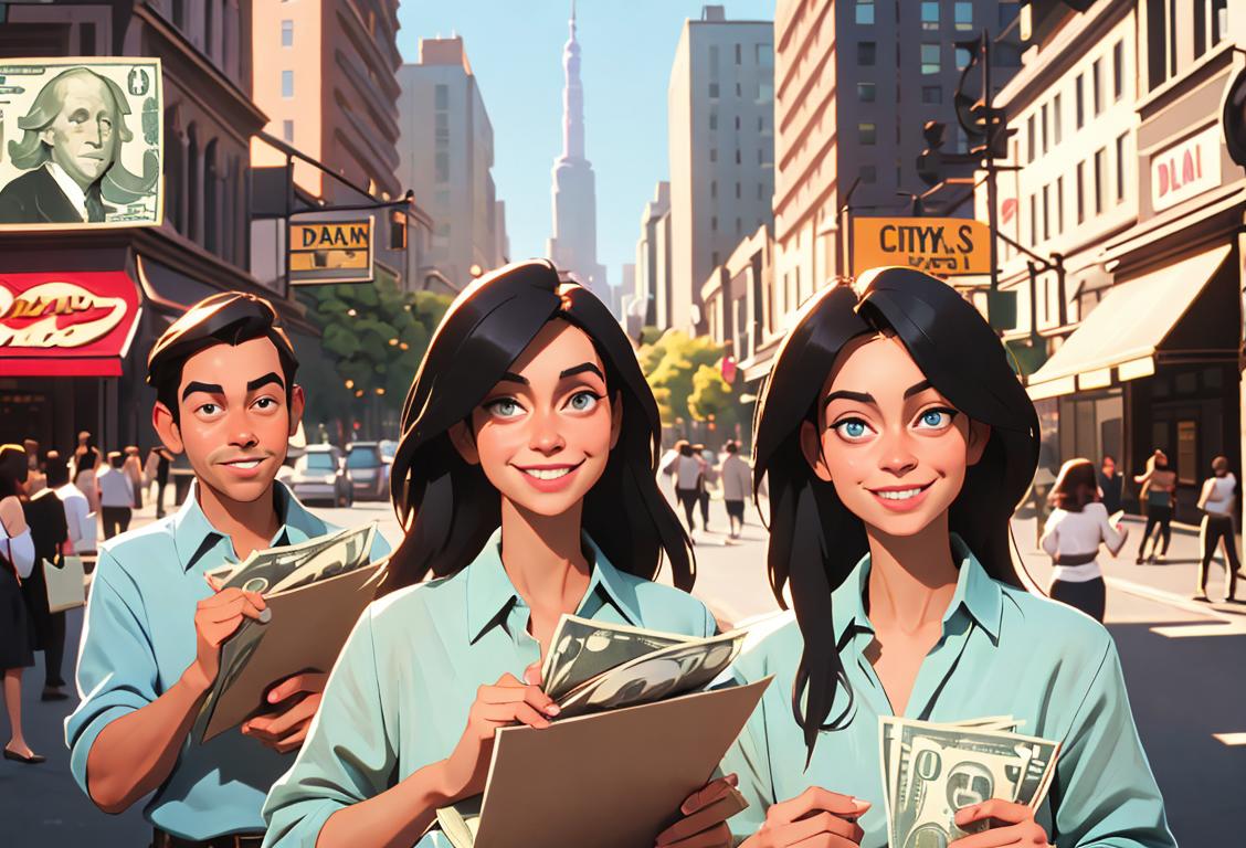 A group of people smiling while holding a stack of dollar bills, wearing casual clothes, city street background..