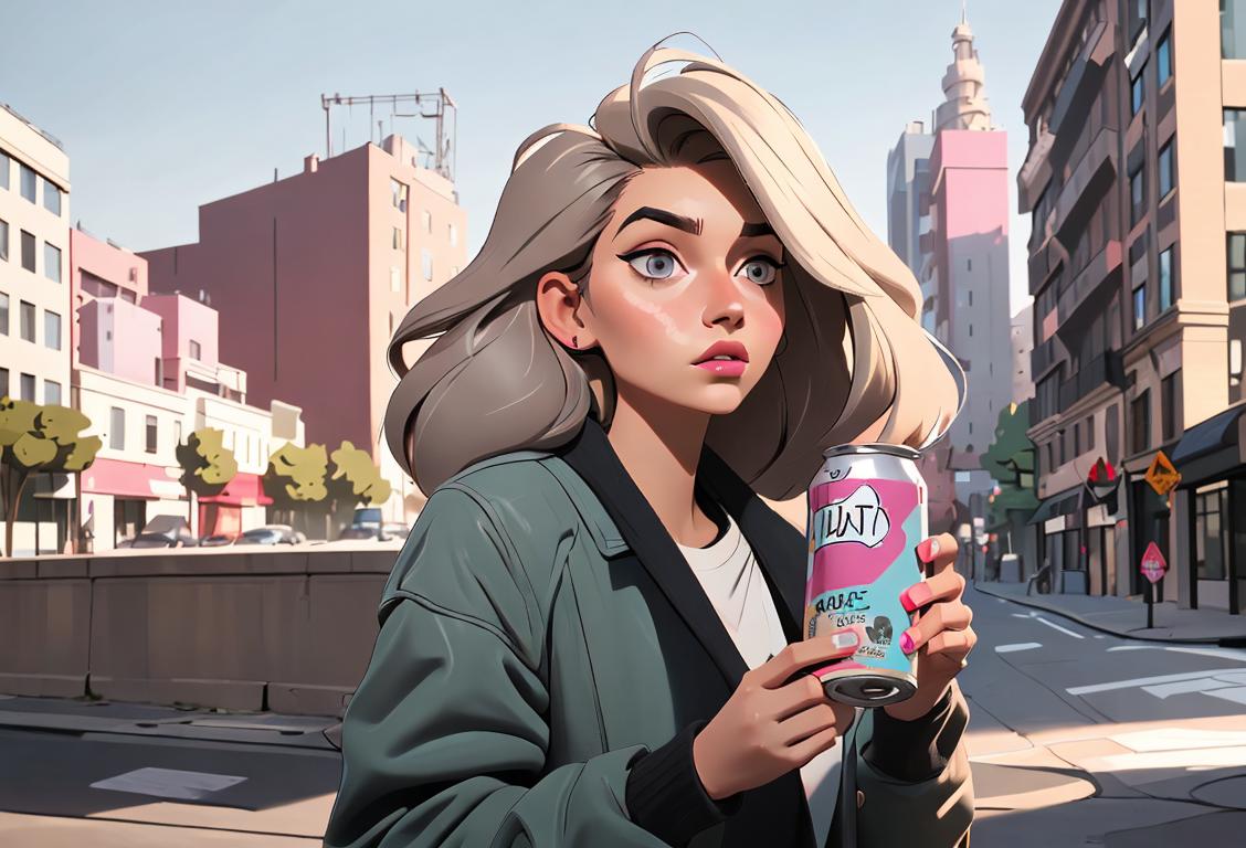 Young woman with voluminous hair, holding a can of dry shampoo, rocking trendy street fashion, urban cityscape background..