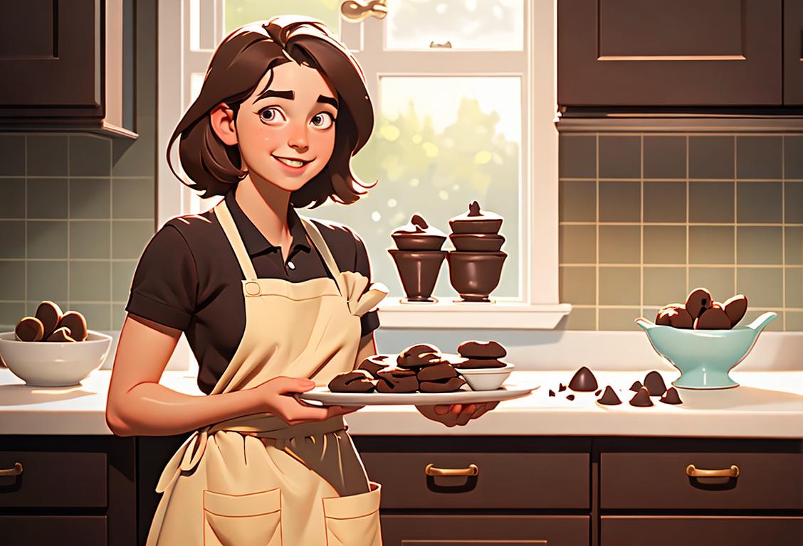 Young girl with a smile, holding a tray of fresh chocolate chip cookies, wearing a cute apron, cozy kitchen setting..