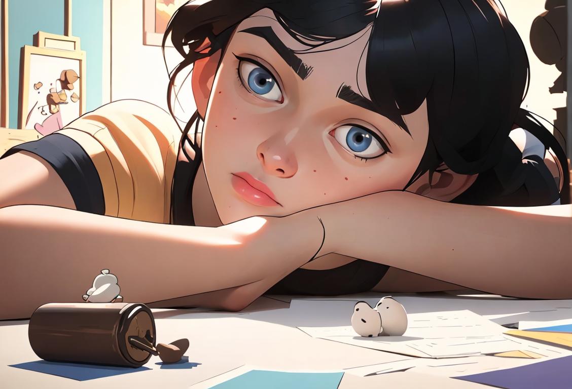 Young person in casual attire, surrounded by scattered objects and holding their head, indicating forgetfulness and a relaxed atmosphere..
