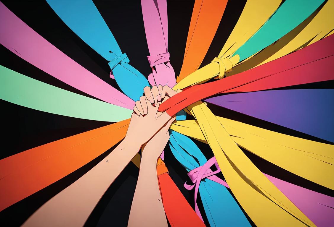 A group of diverse individuals holding hands, surrounded by colorful ribbons, symbolizing unity and support in the face of suicide..