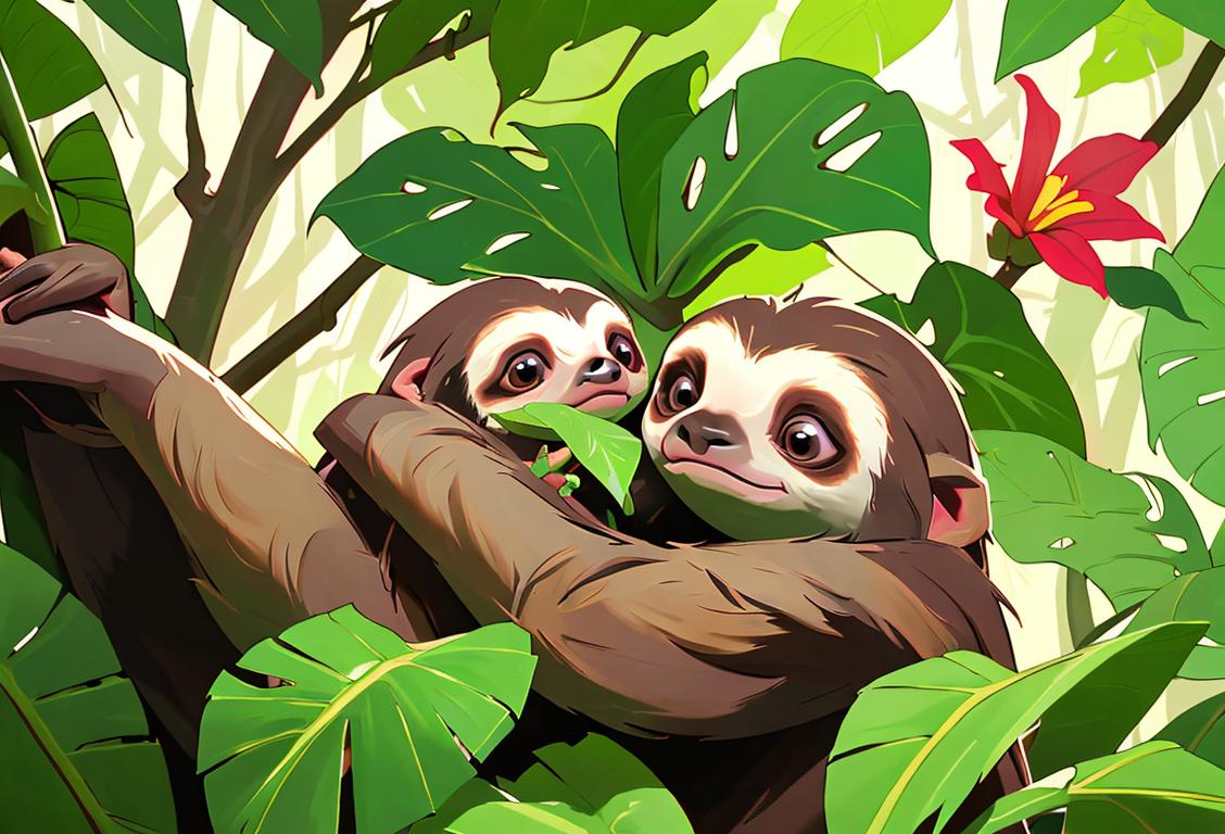 A cute sloth munching on leaves while chilling in a tropical rainforest, surrounded by lush greenery and vibrant flowers..