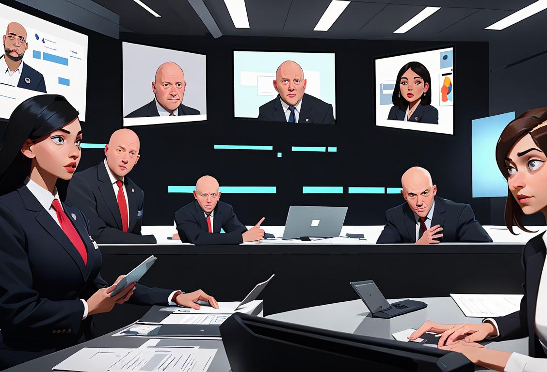 A team of diverse individuals, dressed in professional attire, working together in a high-tech security control room..
