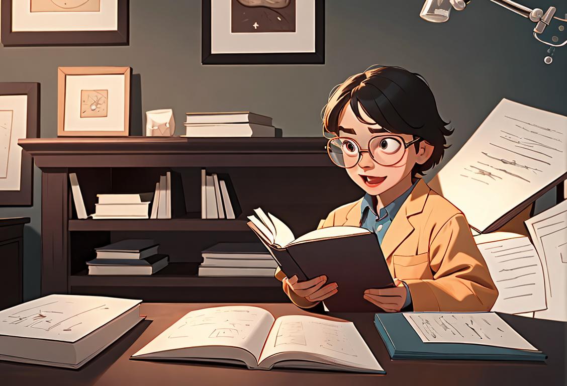 An excited child wearing oversized glasses and a lab coat, surrounded by a stack of science books in a cozy reading nook..