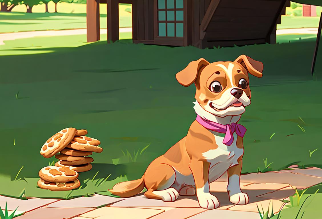 Friendly dog sitting with a wagging tail, wearing a bandana, surrounded by colorful dog biscuits, backyard setting with green grass..