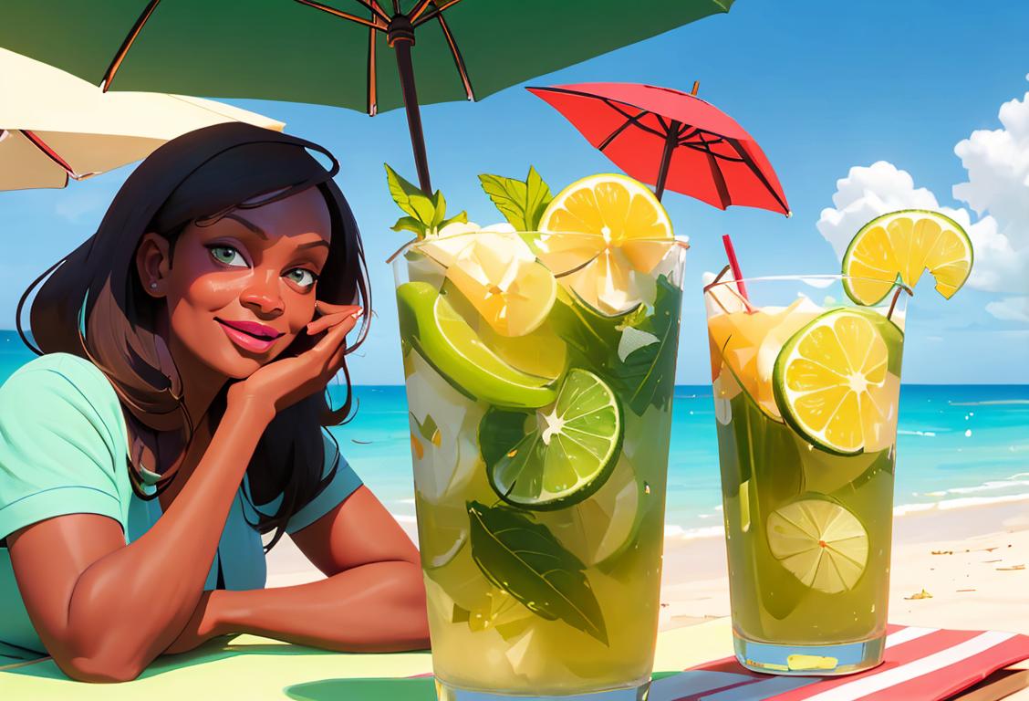Happy individuals enjoying a delicious Diane Abbott mojito while wearing vibrant summer outfits, in a sunny tropical beach setting..