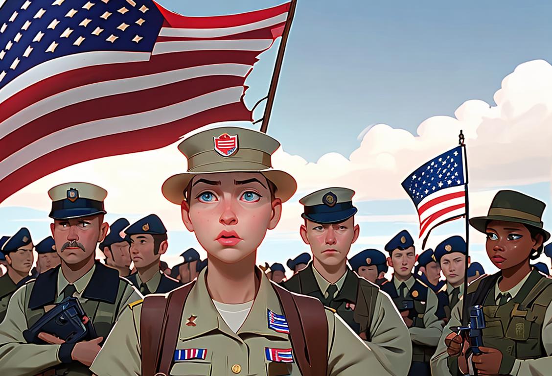 A diverse group of National Guard members in uniform, holding American flags, with a patriotic backdrop..
