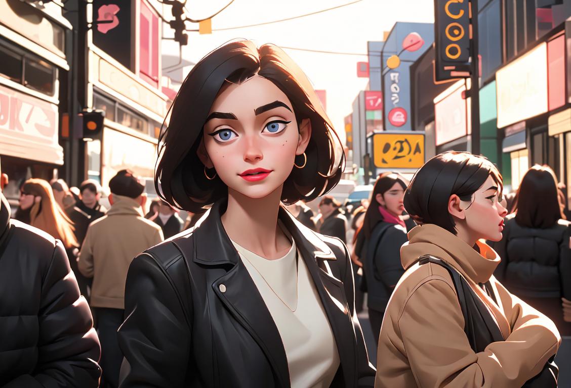 Happy young woman in trendy outfit, in a crowded urban setting, surrounded by people, celebrating National trend on a very busy day..