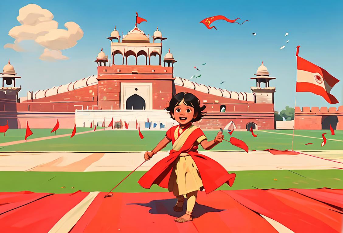 A joyful child flying a kite in front of the majestic Red Fort on Independence Day, wearing traditional Indian clothing and surrounded by a vibrant parade of colors..