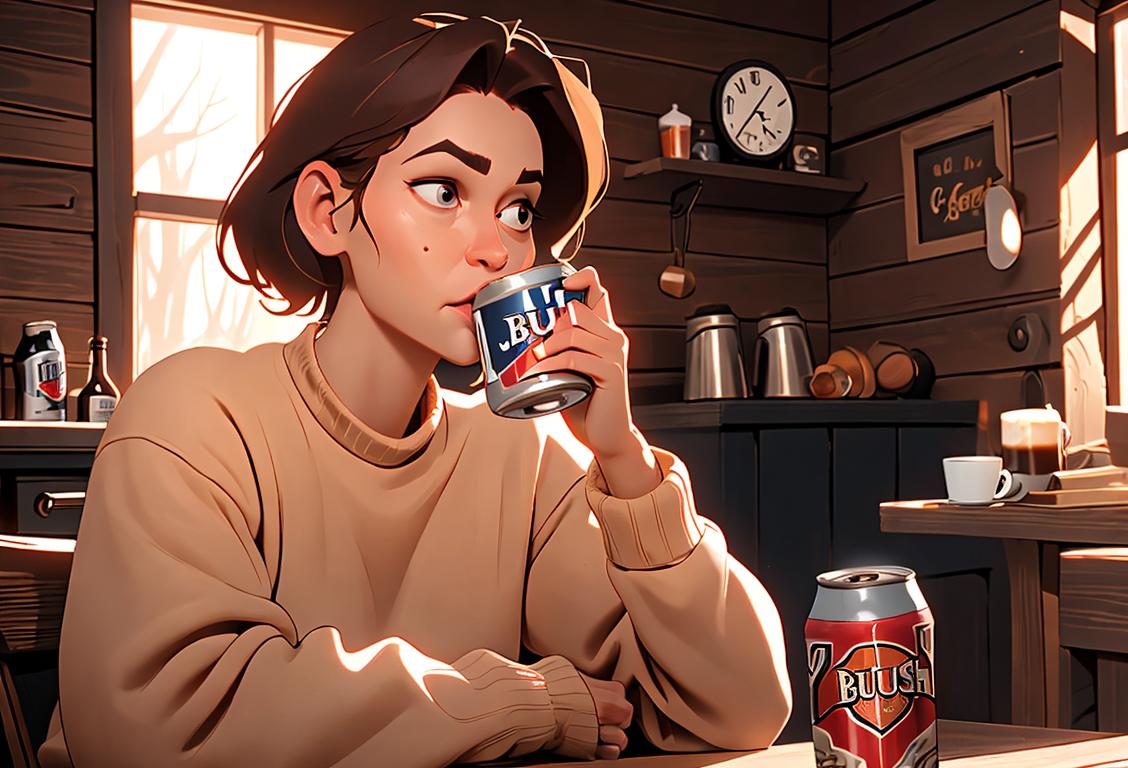 A person holding a coffee mug with one hand and a can of Busch Light with the other, wearing a cozy sweater, rustic cabin in the background..