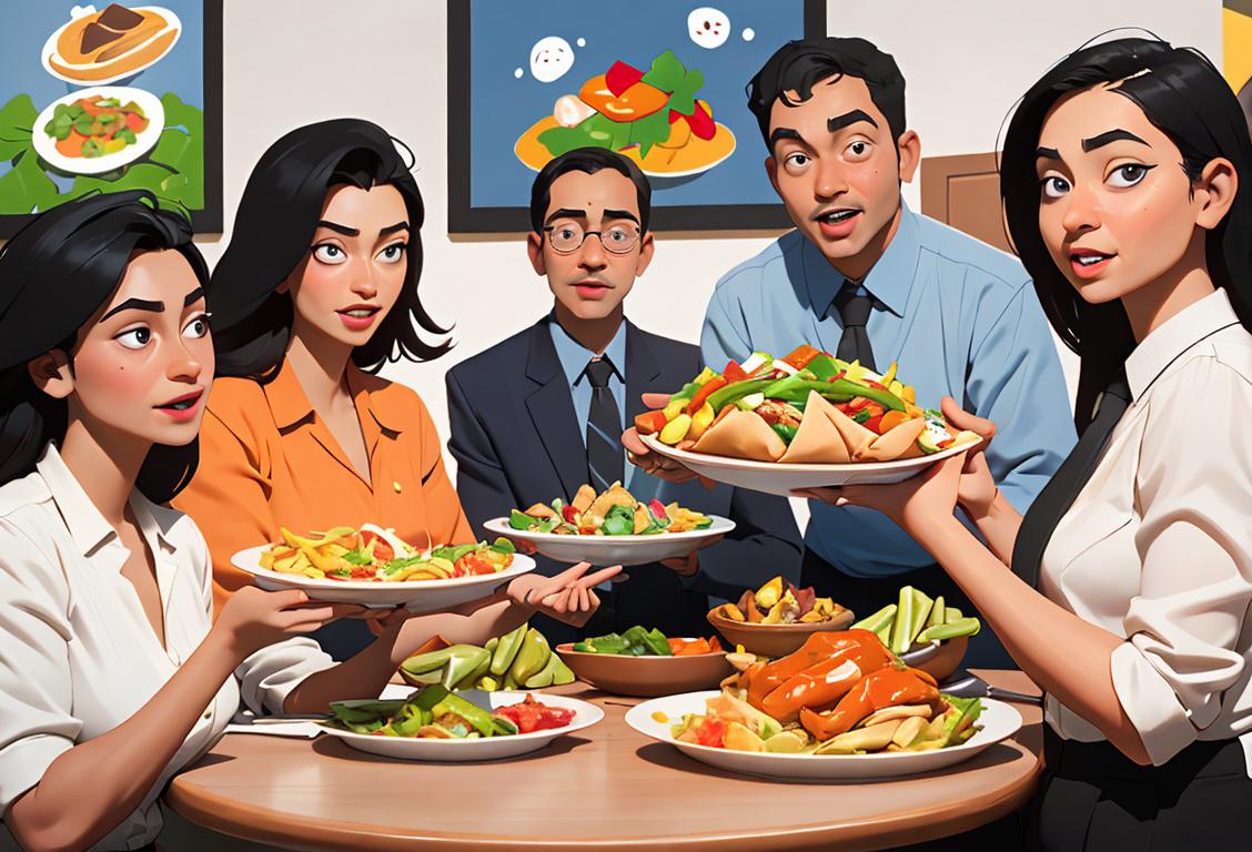 A diverse group of coworkers gathered around a lunch table, each holding a dish representing their ethnic heritage. Expressive excitement on their faces, trendy work attire, modern office setting..