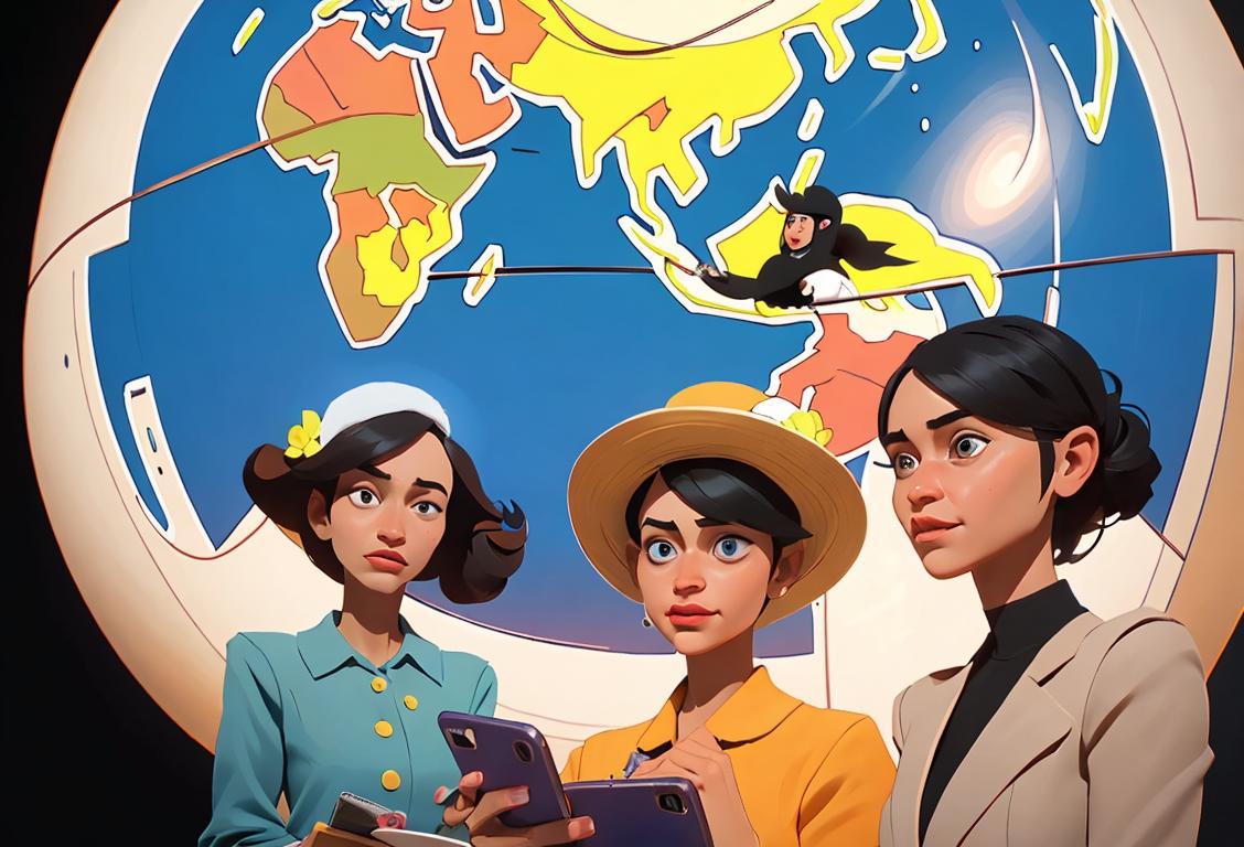 Group of diverse people, some wearing funny hats and holding smartphones, in front of a large globe symbolizing the internet's worldwide reach..