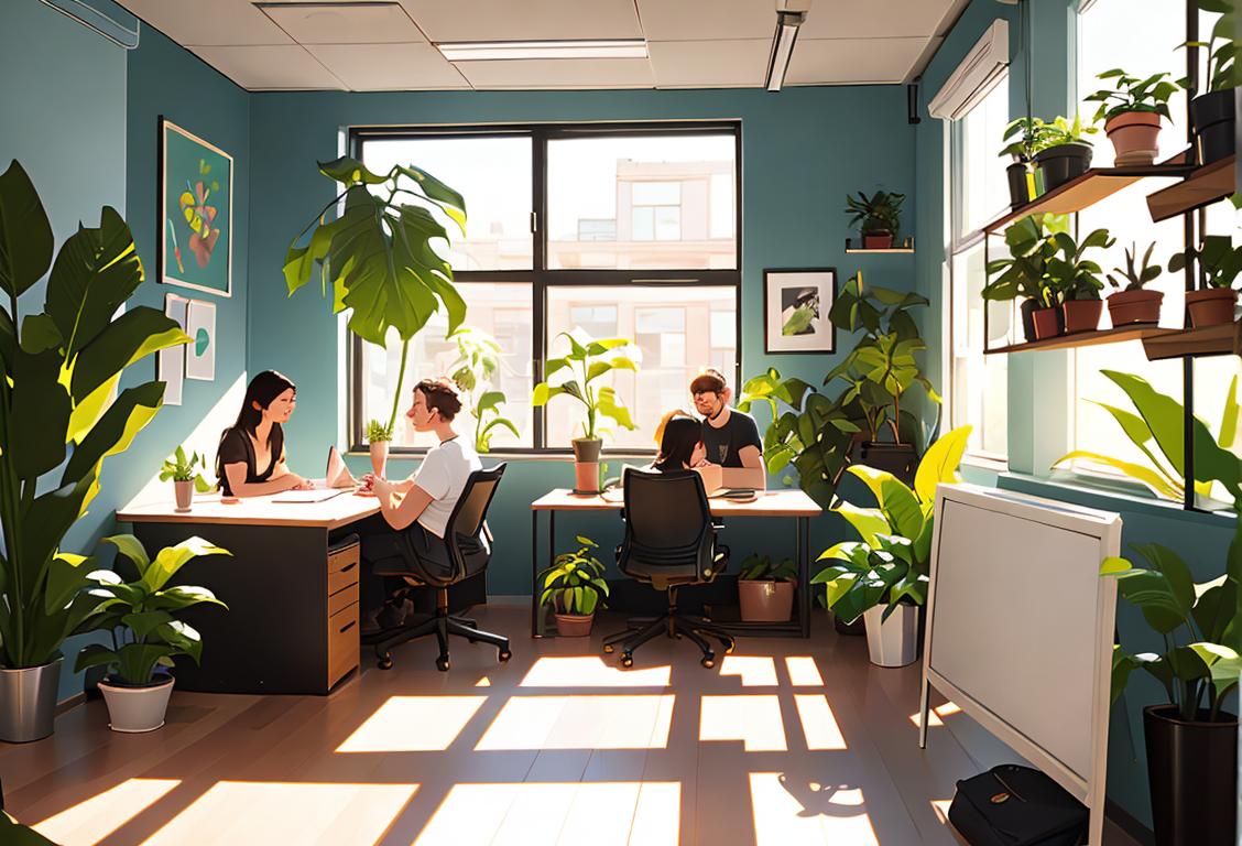 A group of diverse people, dressed in modern casual clothing, working together in a trendy shared workspace, surrounded by plants and natural light..