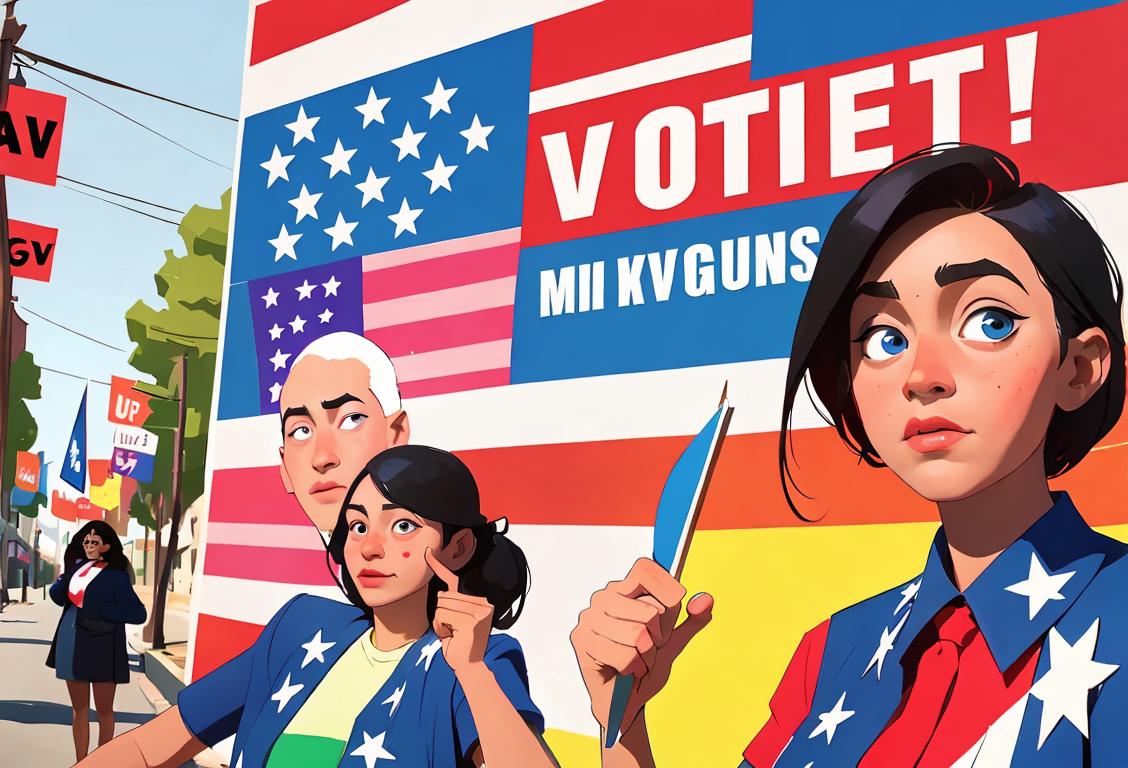 Young voters holding signs and wearing colorful clothes, diverse urban setting with campaign posters and American flags..