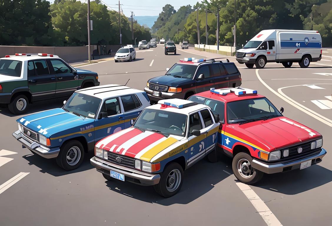A group of first responders in uniform standing in front of their vehicles, representing their brave acts and dedication to keeping us safe..