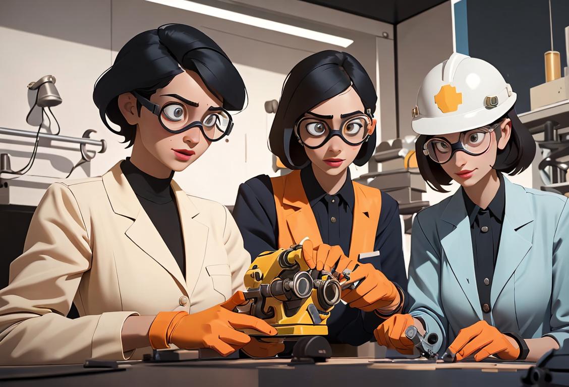 A group of diverse women engineers wearing safety goggles, stylishly dressed, working together in a modern engineering laboratory..