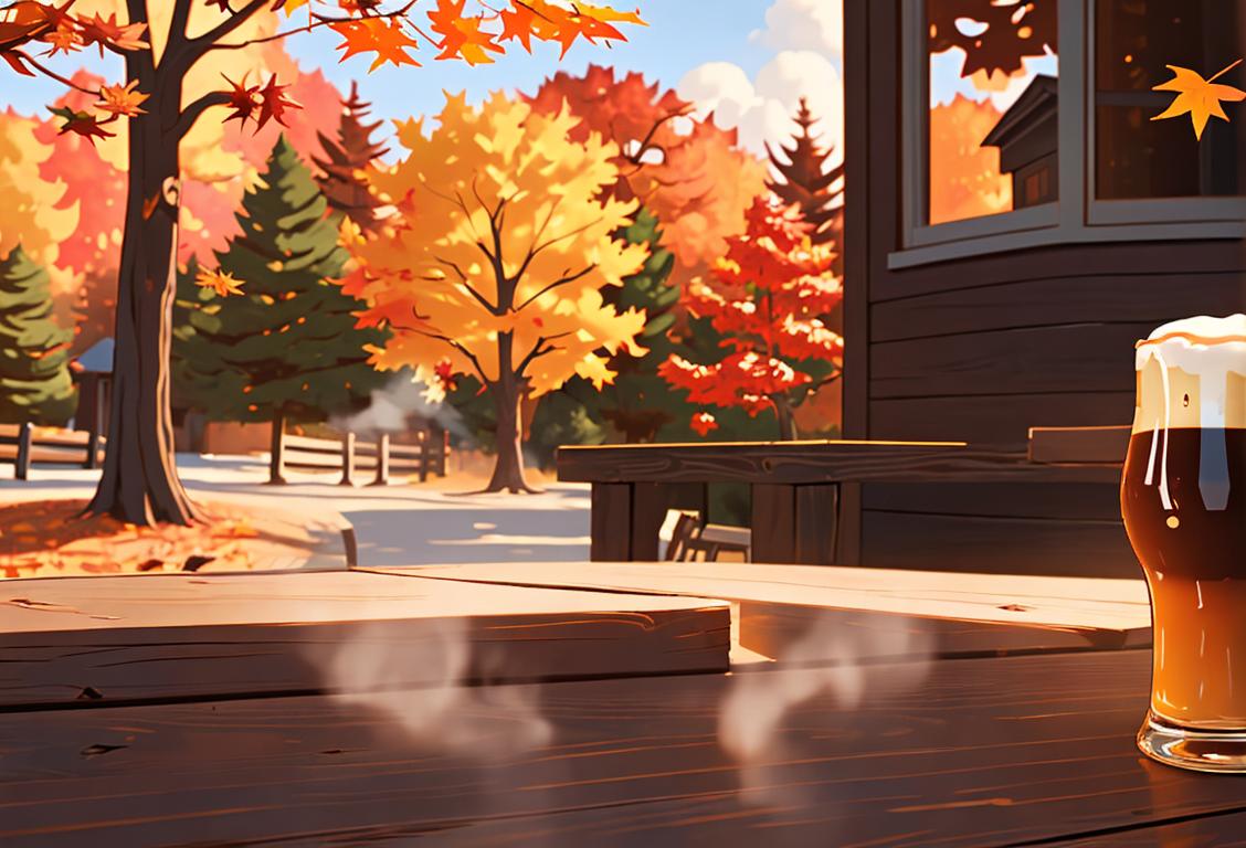 A cozy autumn scene with a mug of beer and a steaming cup of coffee, surrounded by fall foliage..