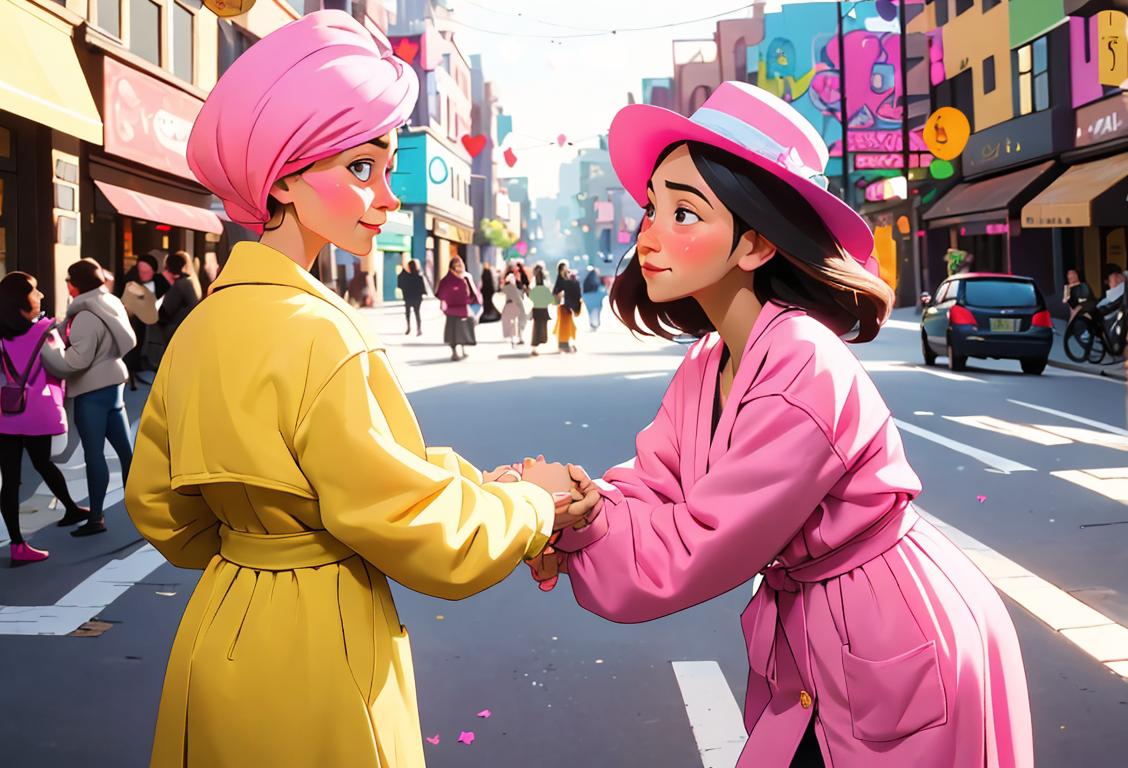 A kind-hearted individual handing out care packages filled with love and kindness, dressed in colorful attire, in a bustling city street..