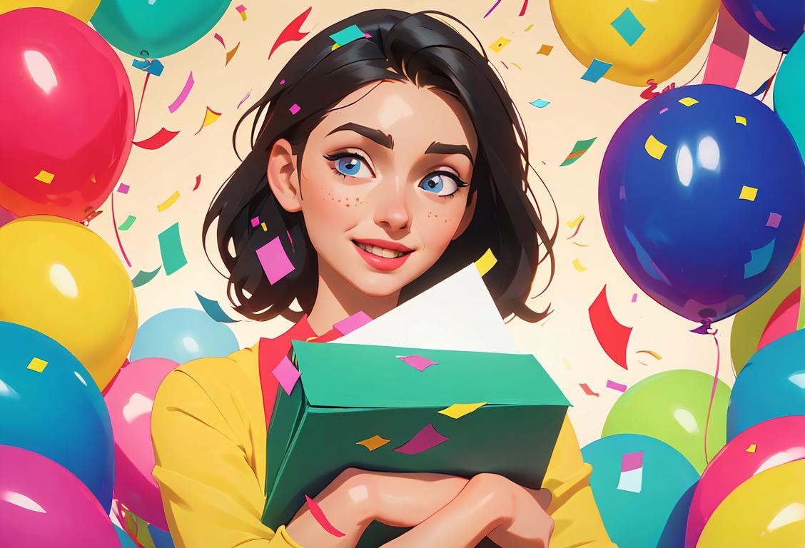 Young woman holding a stack of colorful greeting cards, surrounded by confetti and decorations, bright and cheerful room..