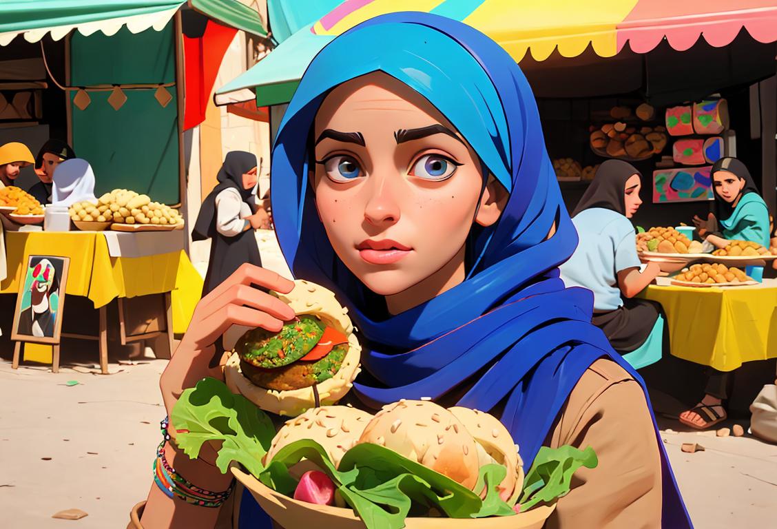 Young woman wearing a colorful keffiyeh, enjoying falafel, bustling Middle Eastern marketplace, vibrant street art..