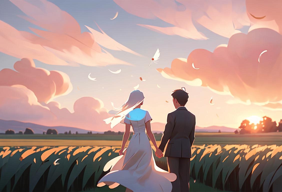 A beautiful sunset over rolling fields, a white feather gently floating in the breeze, a couple holding hands, symbolizing love and remembrance..