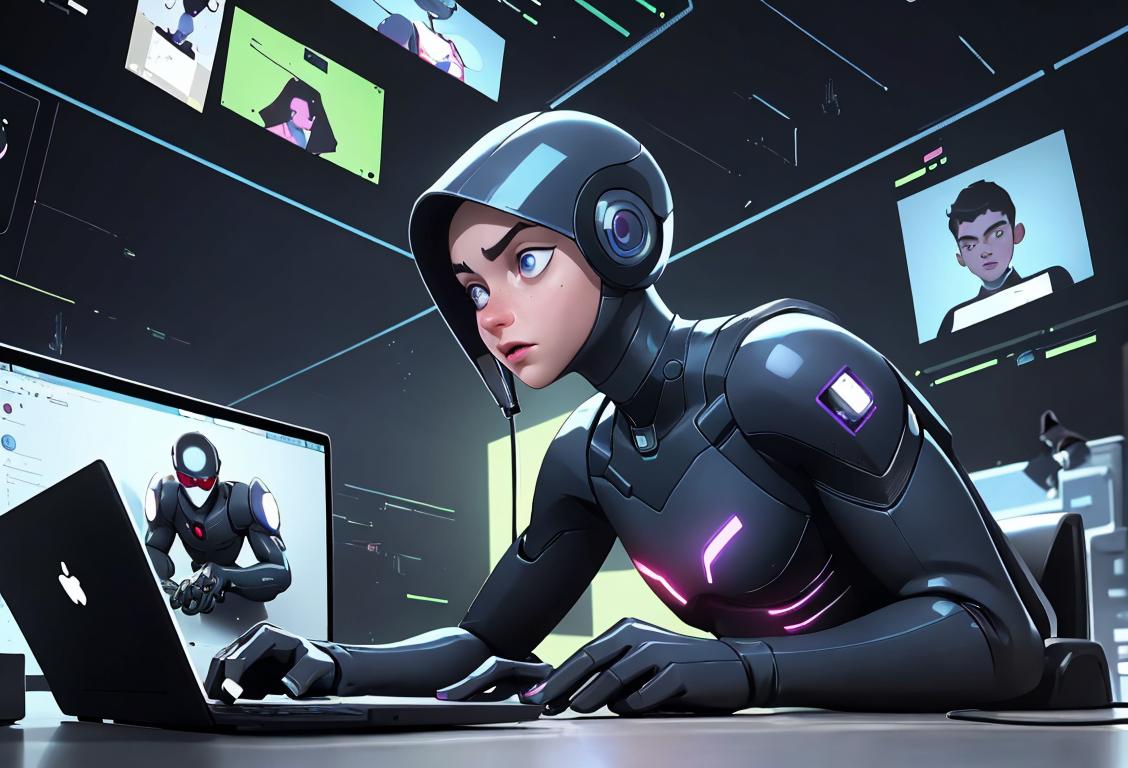 Young person with a laptop, wearing a cyber-suit, surrounded by digital shields, in a futuristic cityscape..