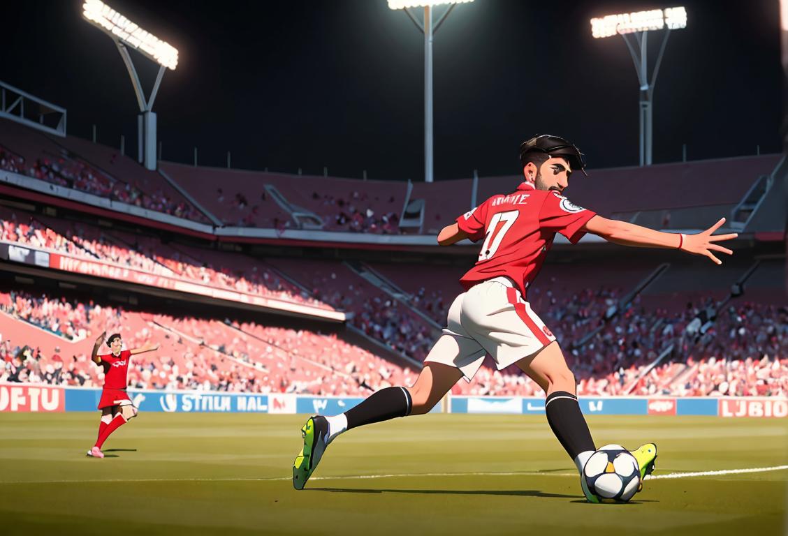 A young soccer player performing an impressive trick shot in a lively stadium, wearing a fashionable jersey and surrounded by cheering fans..