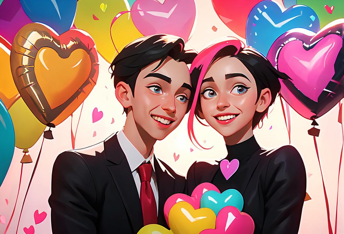 Photo of a smiling couple, dressed in trendy clothes, against a backdrop of colorful heart-shaped balloons and confetti..