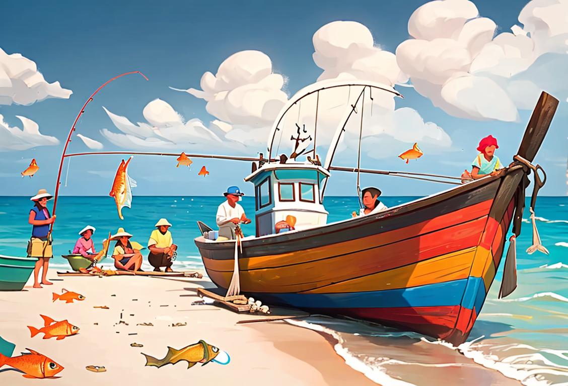 A group of diverse fisherfolks in colorful fishing attire, on a sunny beach, with boats and fishing nets nearby..