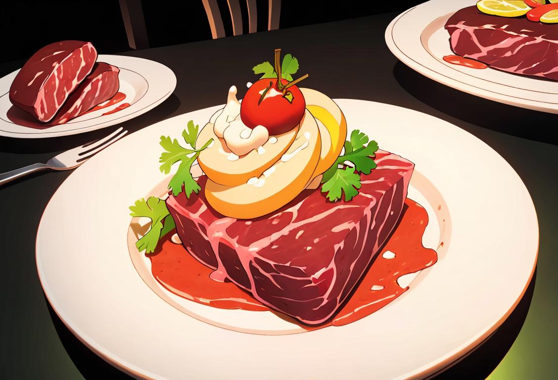 Plate of creatively arranged and colorful food with artistic garnishes, set against a lively and vibrant backdrop..