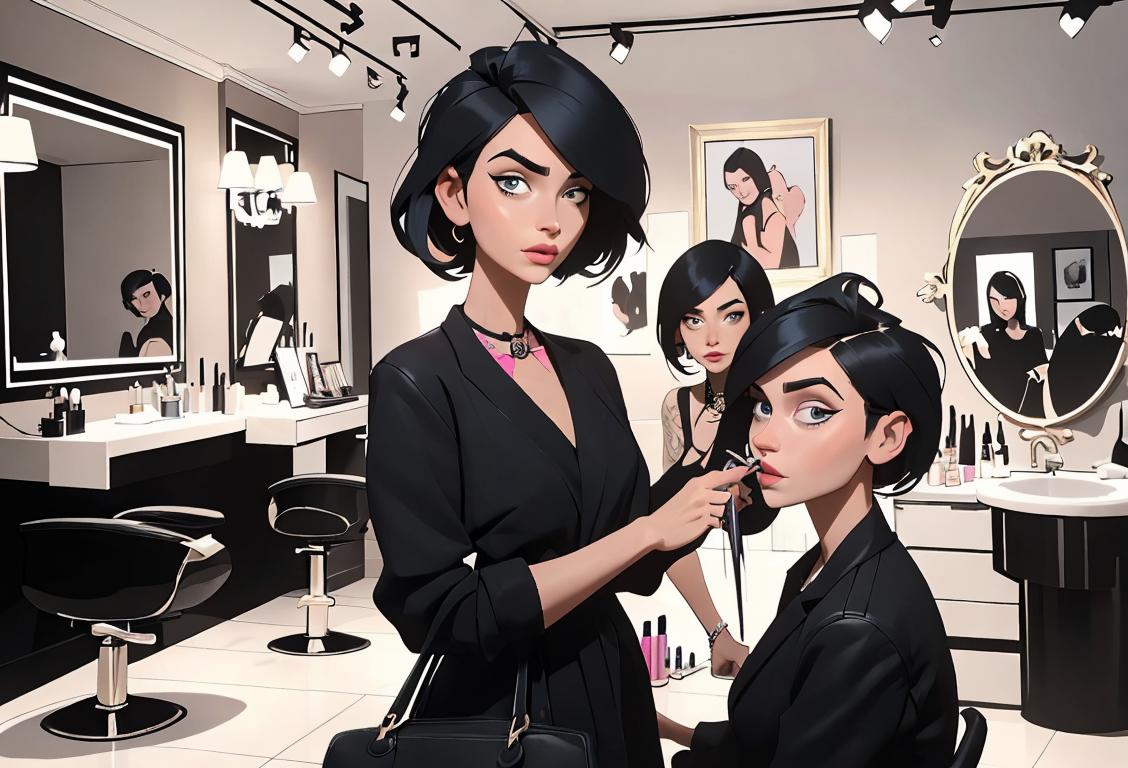 A hairstylist standing near a customer, busy with scissors and hair brushes, surrounded by trendy salon decor and fashionable hair products..