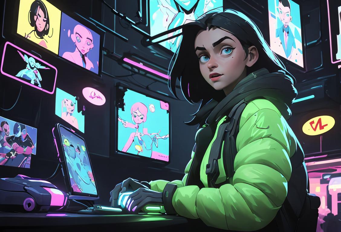 A person with futuristic clothing and accessories, surrounded by electronic gadgets and neon lights, showcasing the excitement of eDay..
