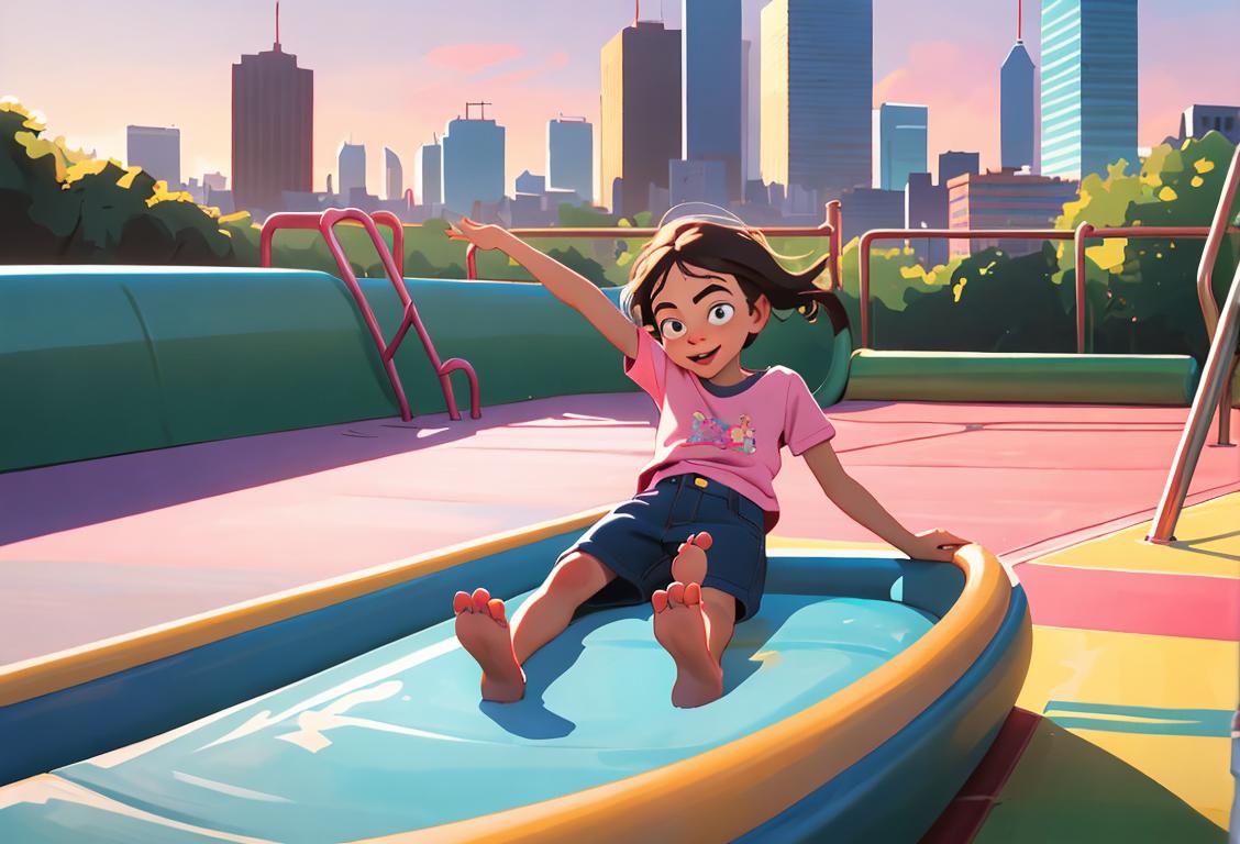 Young adult sliding down a playground slide, wearing casual summer clothing, with a backdrop of a vibrant city skyline..