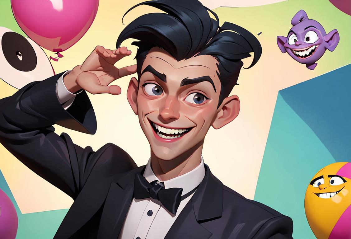 A young man with a mischievous smile, wearing a trendy outfit, surrounded by laughter and adventure. Add a touch of mischief for National Samuel Golbach Day!.